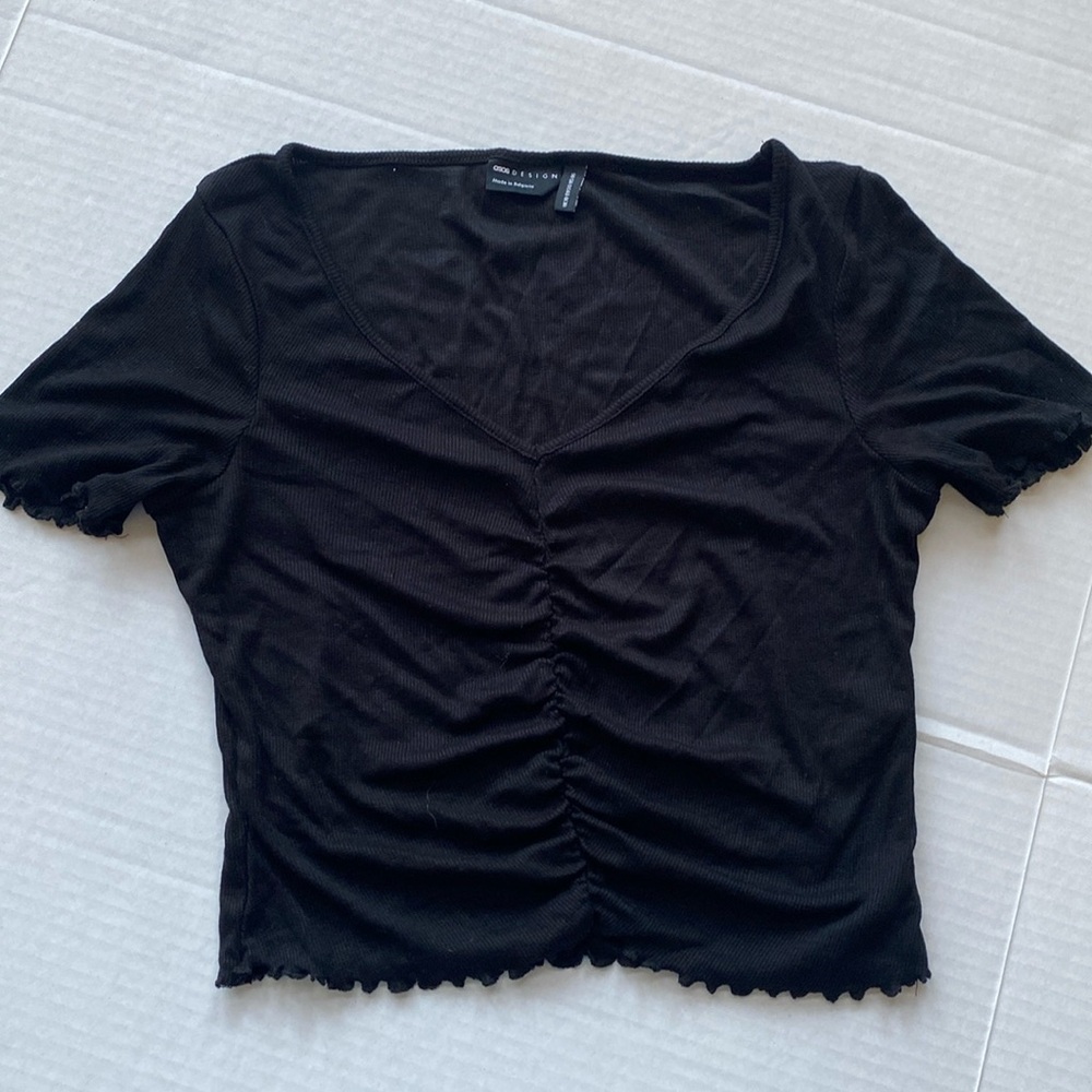 ASOS ruched crop v neck top black S 6 EU 38 lettuce frilled hem soft stretchy